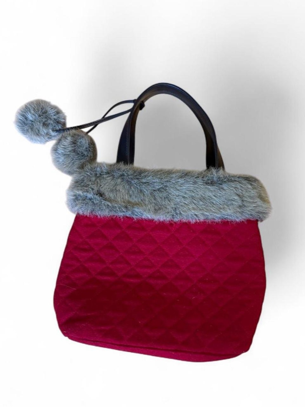 Bath & Body Works Red Quilted Tote with Gray Faux Fur Trim